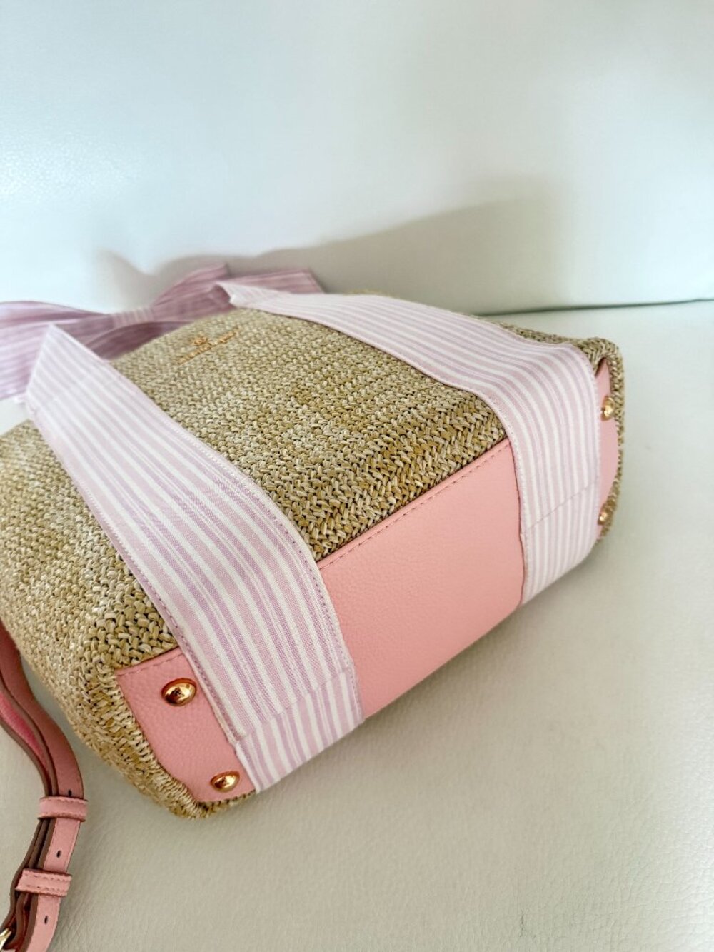 NWT NANETTE LEPORE BESSY TOTE CROSSBODY BAG NATURAL PINK GINGHAM W BOW - Picture 5 of 6